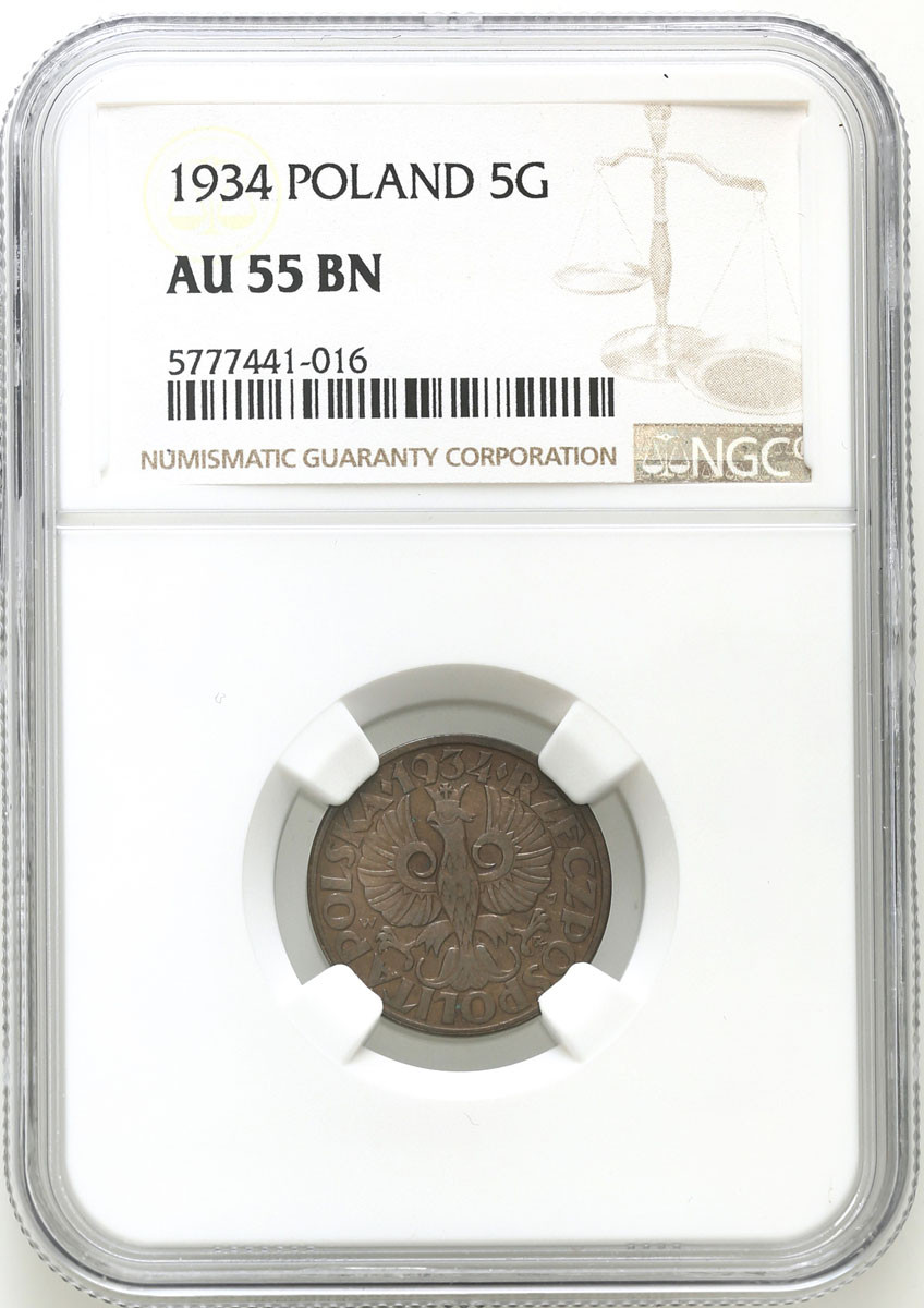 II RP. 5 groszy 1934 NGC AU55 BN - NAJRZADSZY ROCZNIK